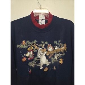 Whim Z Vintage 90s Cat Squirrel Bird Nature Sweatshirt Navy Blue Red Collar L